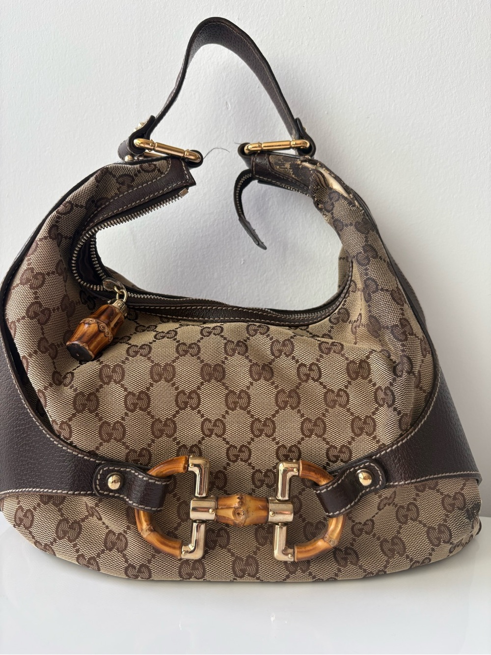 Gucci Brown GG Canvas Shoulder Bag with Bamboo Hardware